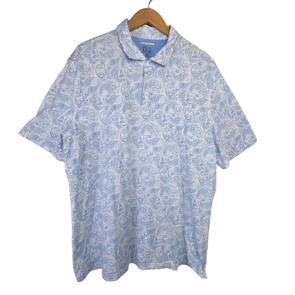 Jos A Bank Mens Blue White Cotton Paisley Polo Shirt XXL Traditional Fit Classic